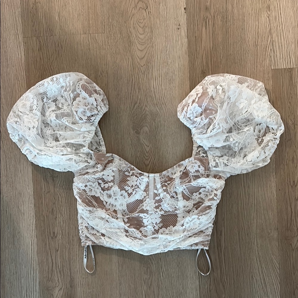 For Love And Lemons White Lace Puff Sleeve Blouse